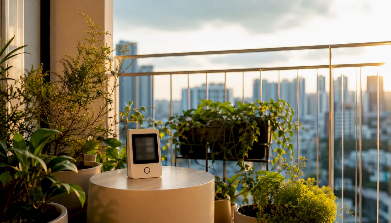Air quality monitor on condo balcony