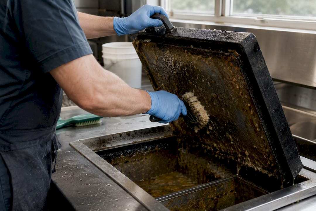Hands cleaning grease trap lid