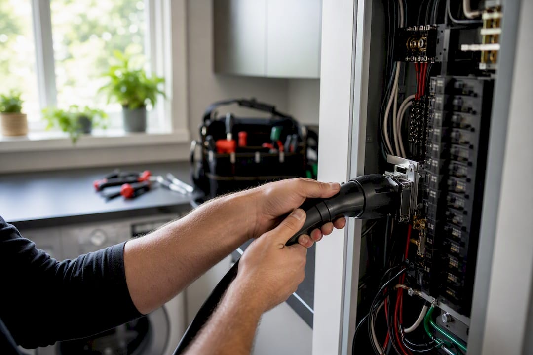 Hands wiring EV charger to residential panel