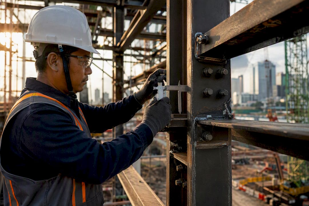 Hands measuring steel beam on site