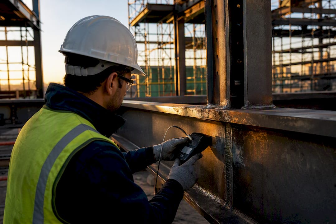 Engineer inspecting steel weld joints