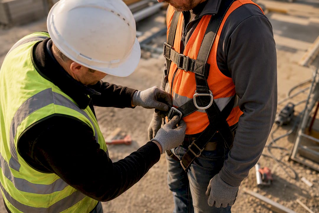 Safety consultant adjusting harness on construction site