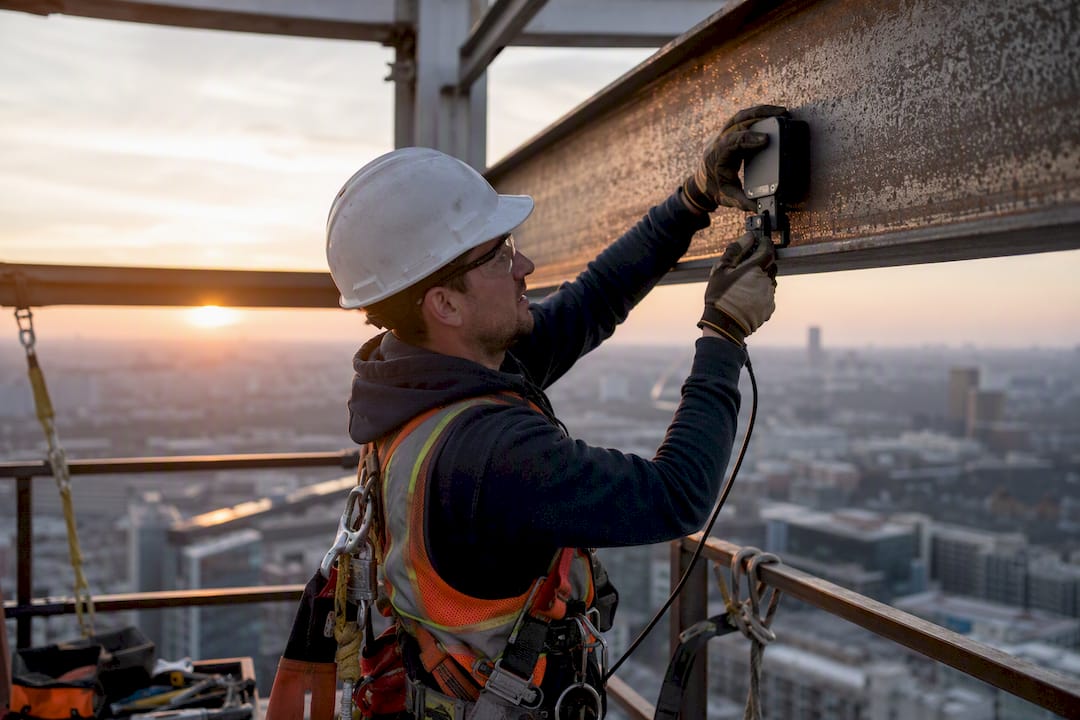 Worker installing digital safety sensor on beam
