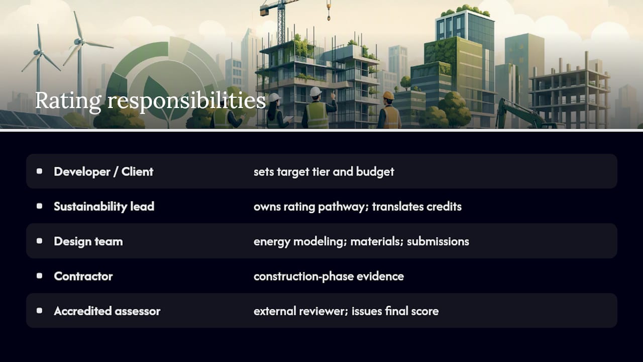 Diagram of sustainability certification responsibilities by project role