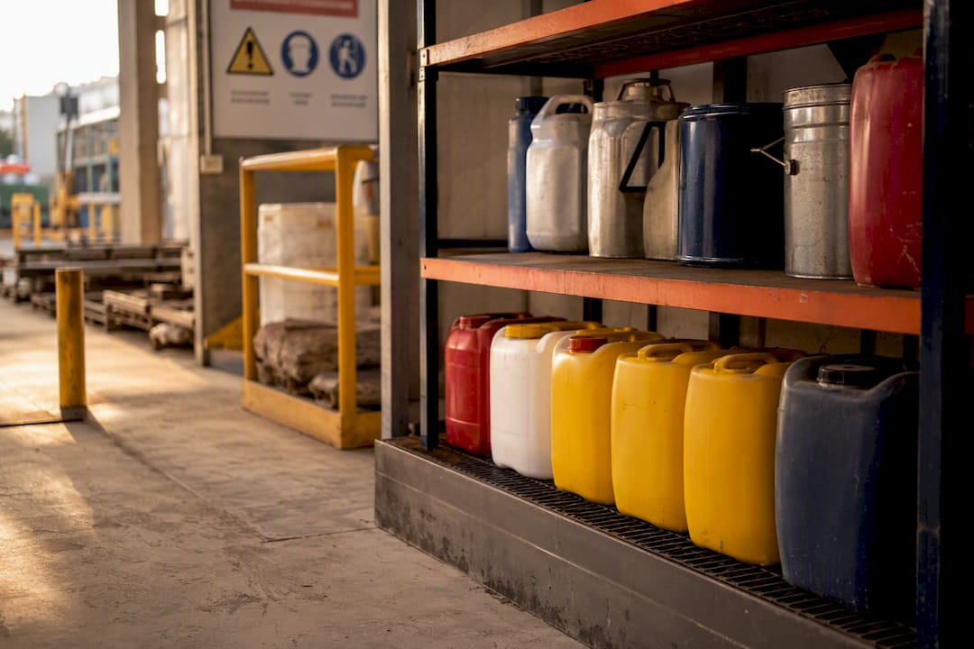 Chemical containers safely stored on construction site