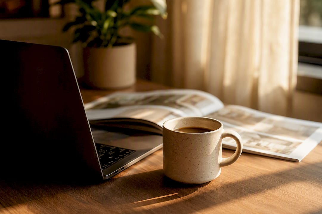 Laptop and coffee on desk with property brochures