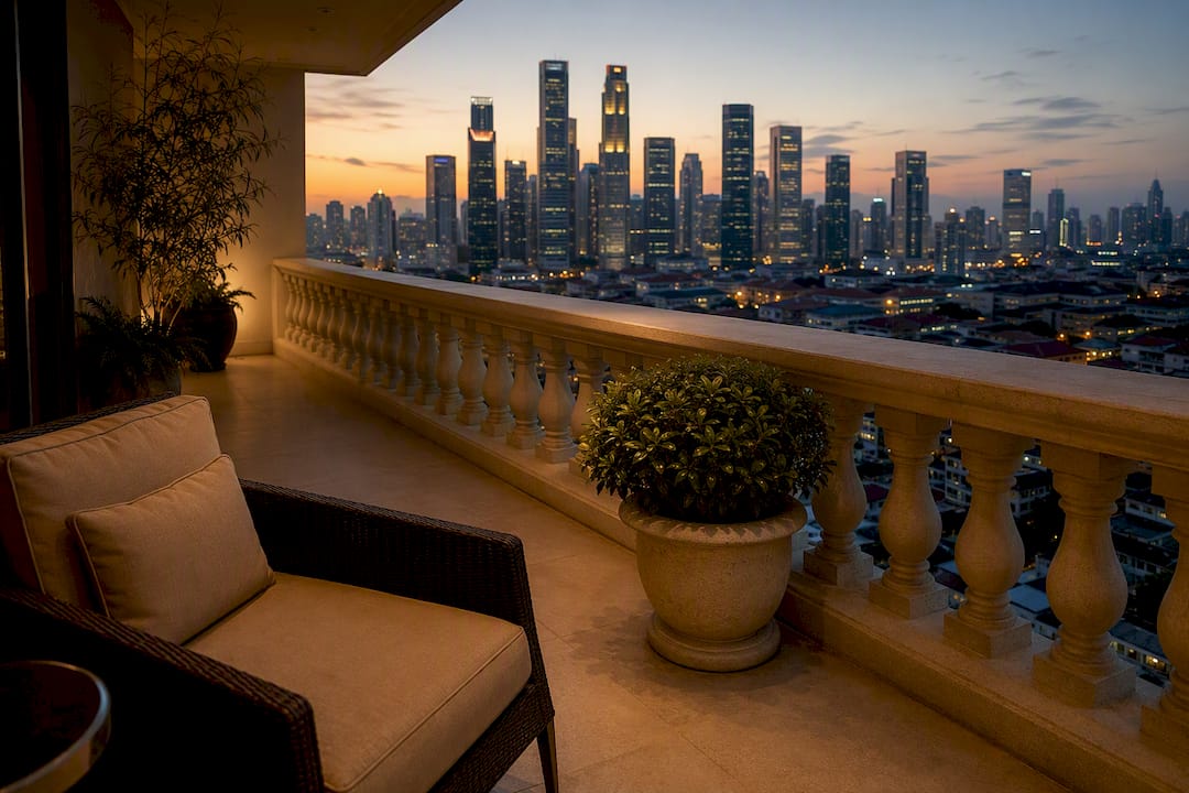 City skyline view from condo balcony at sunset