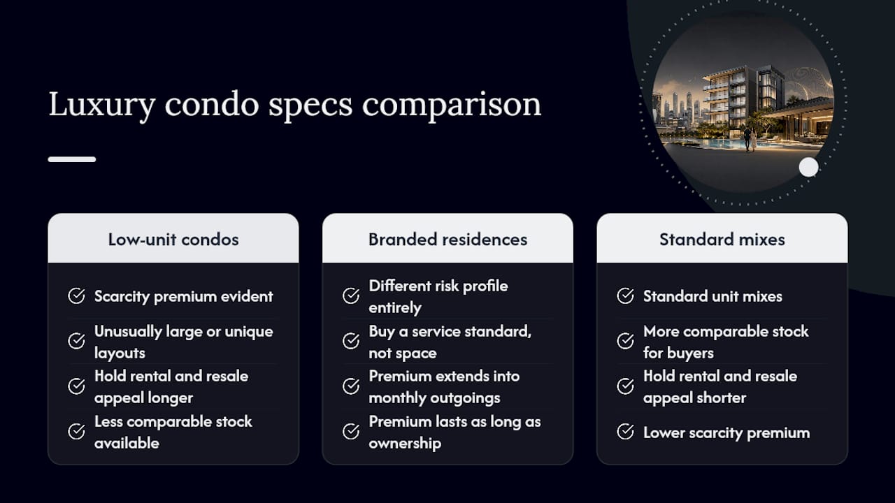 Comparison infographic of luxury condo specs