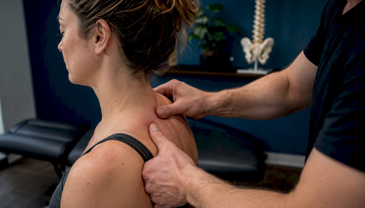 Therapist hands performing neck soft tissue massage