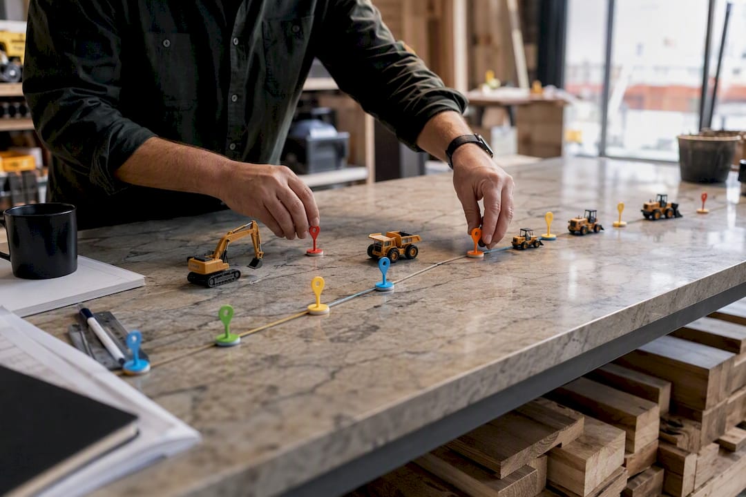 Hands arranging milestone markers for project timeline