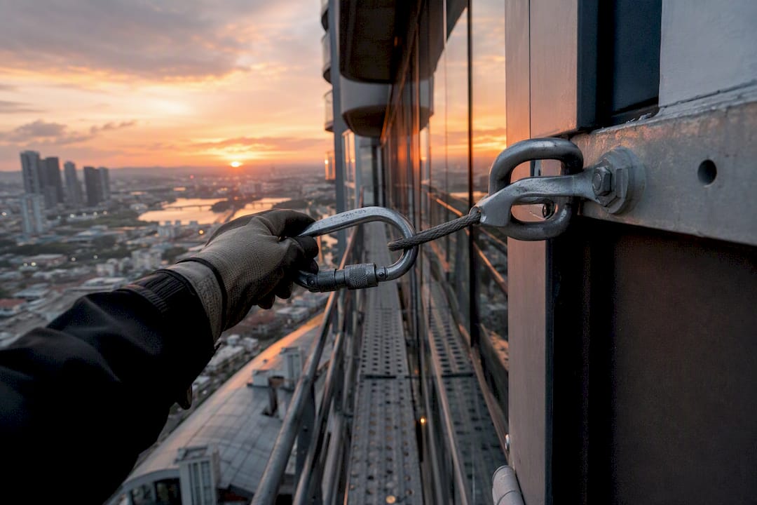 Technician adjusting maintenance safety harness on facade