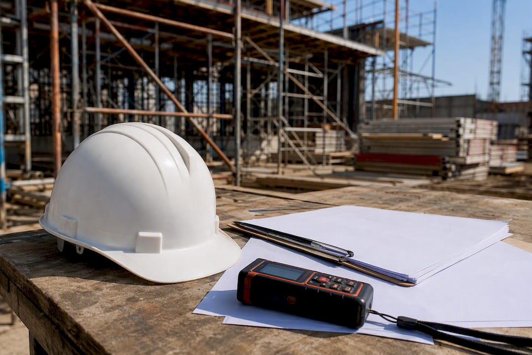 What Belongs in a QP Design Consultation Scope Checklist Hard hat and inspection clipboard on construction desk