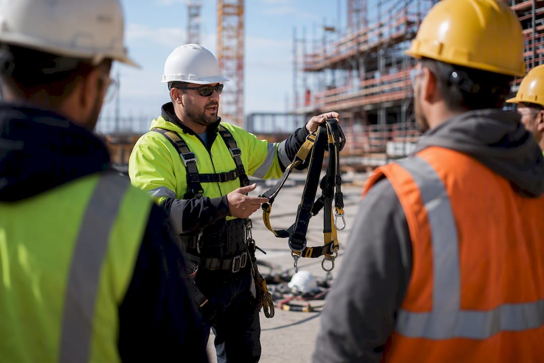 Worker demonstrating safety harness use