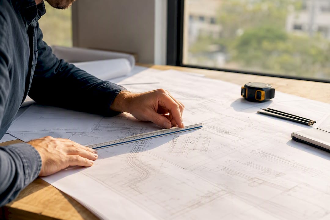 Engineer verifying technical drawings with scale ruler