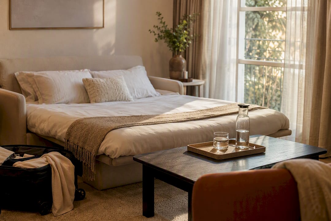 Living room set up for short-term rental