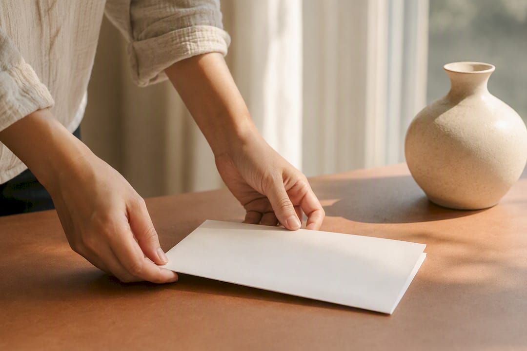 Hands placing document on terracotta table