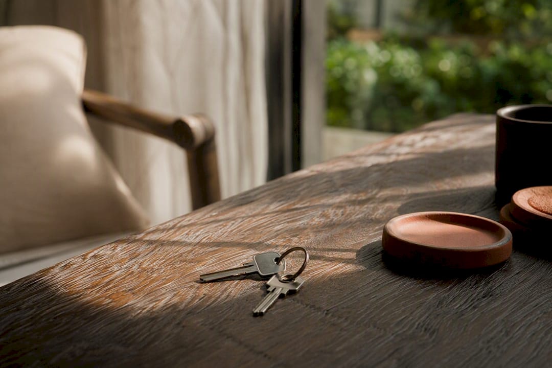 Keys resting on dark wood near terracotta pot