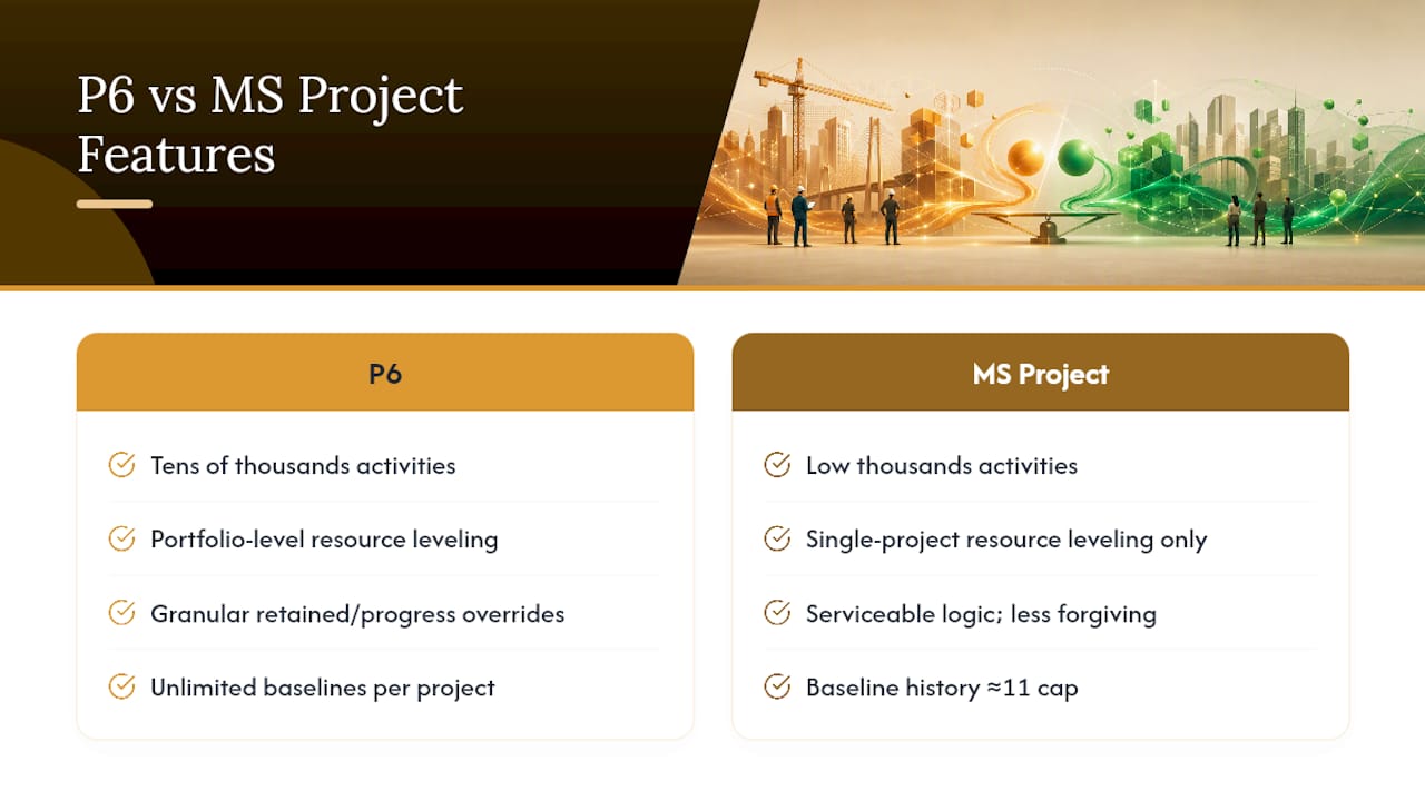 Diagram comparing P6 and MS Project scalability and features