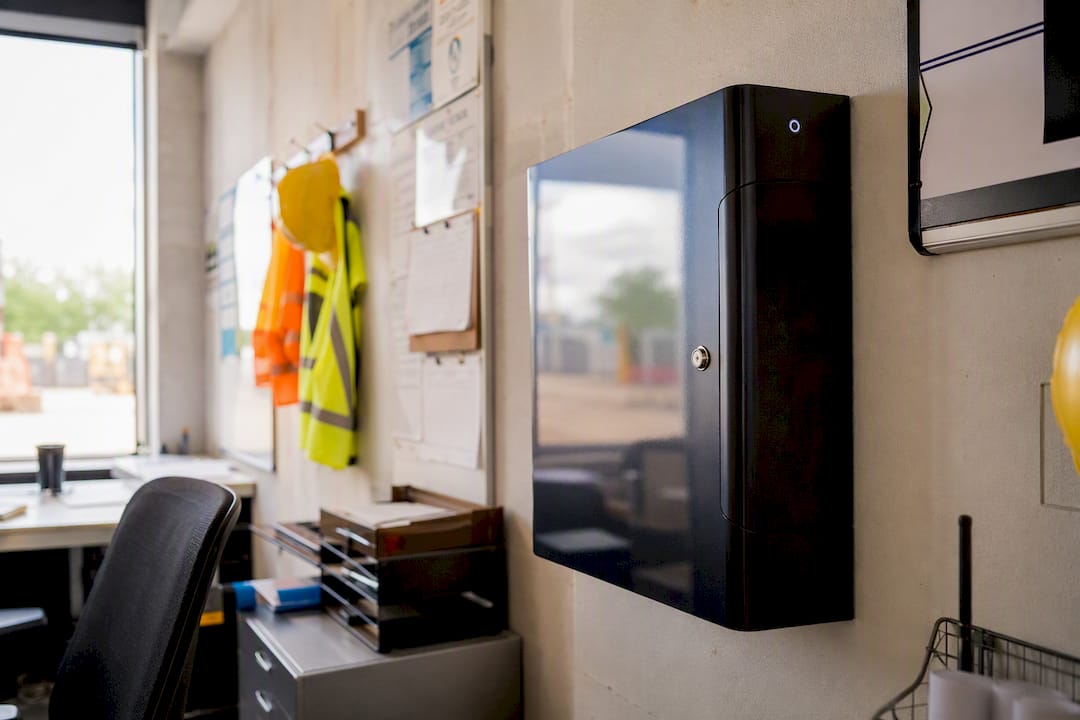 Locked external drive and keyboard on desk