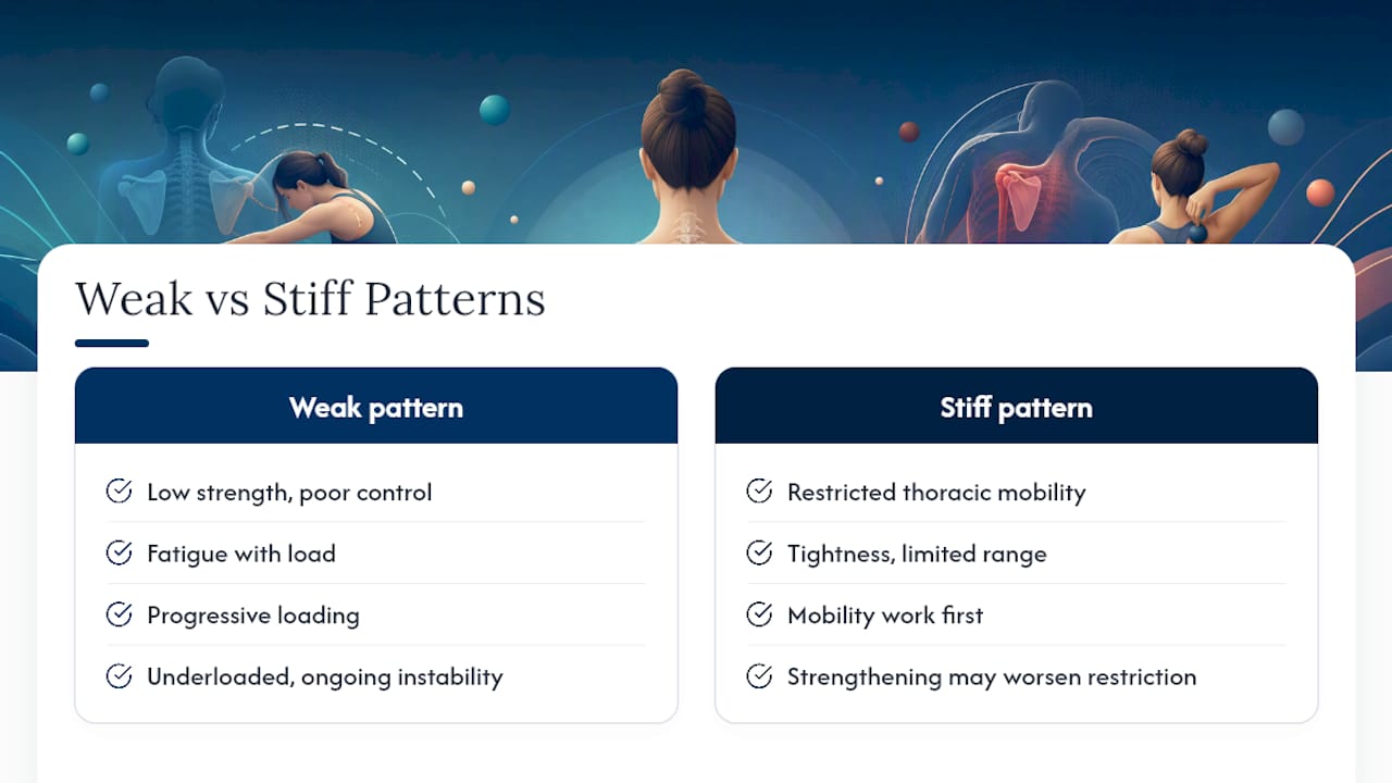 Diagram contrasting weakness and stiffness causes of shoulder blade pain