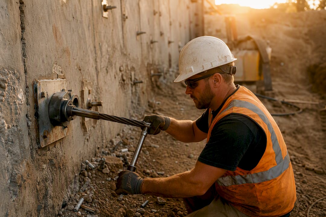 Ground anchor installation on retaining wall