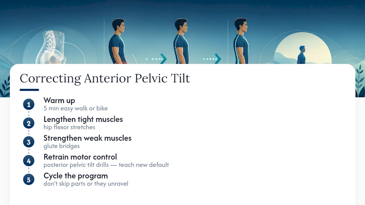 Diagram showing three-step correction process for anterior pelvic tilt