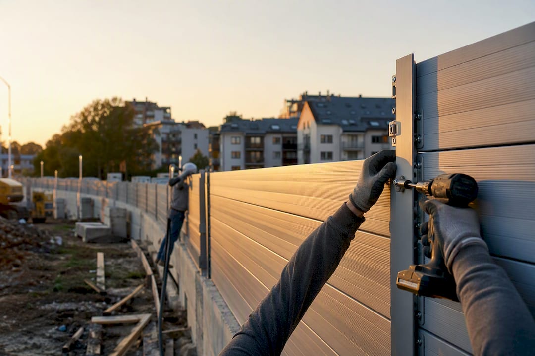 Workers installing noise barrier at construction site
