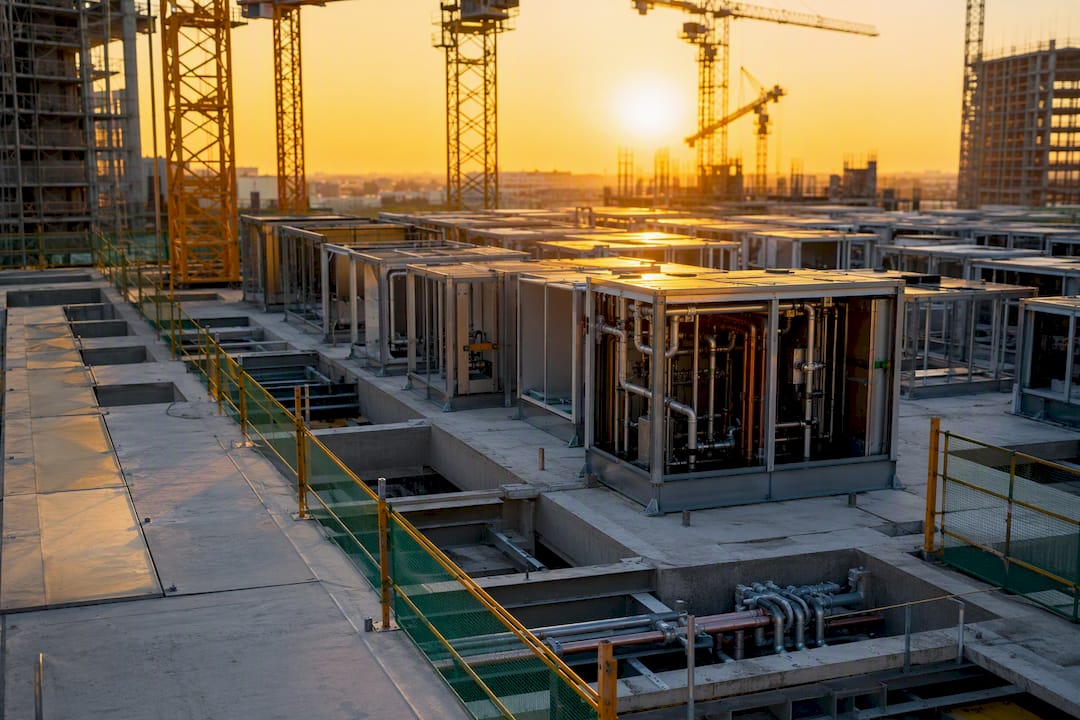 Overhead view of modular structural grids at site