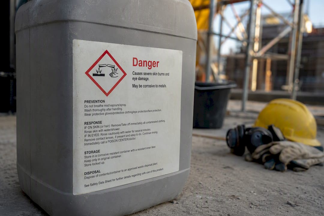 Chemical container showing GHS-compliant corrosion hazard label