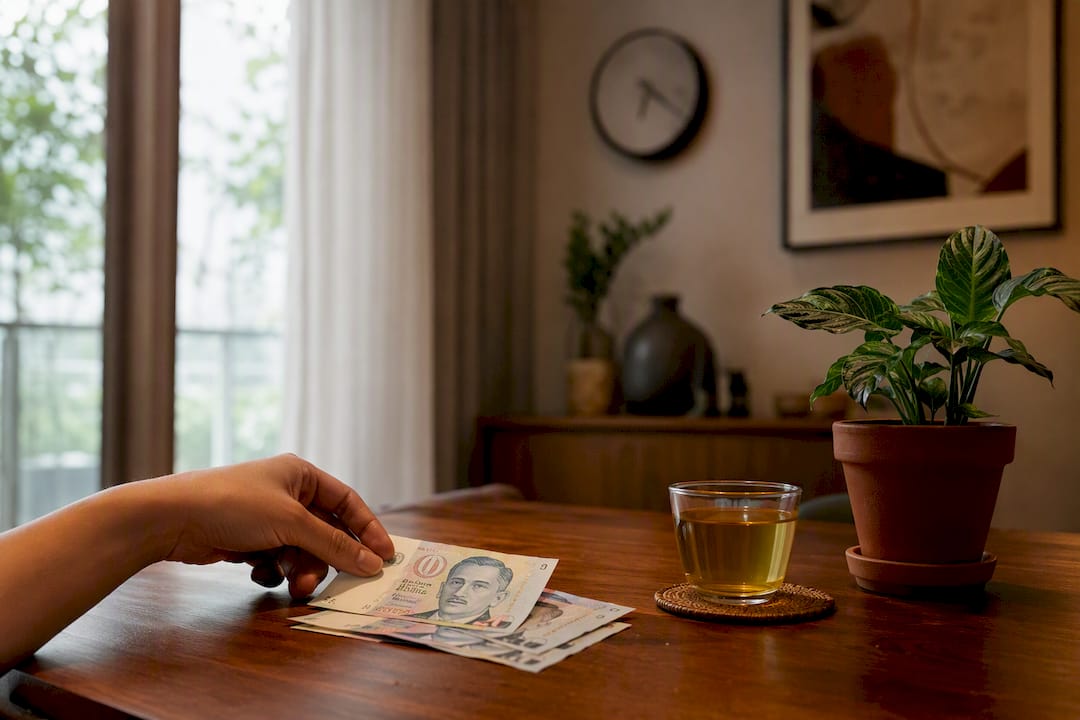 Hand placing Singapore dollars on table