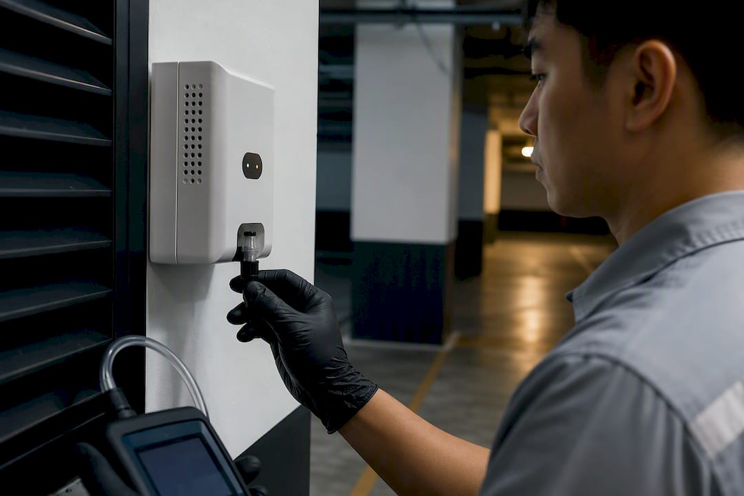 Technician calibrating car park gas sensor