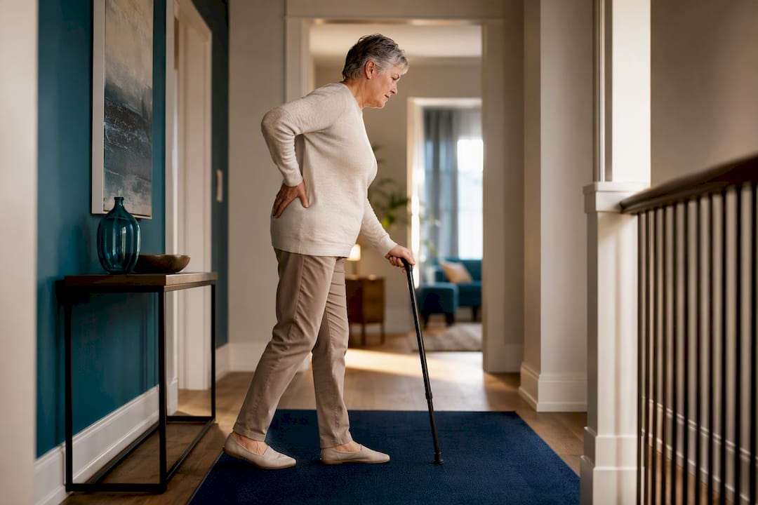 Person using cane opposite painful hip