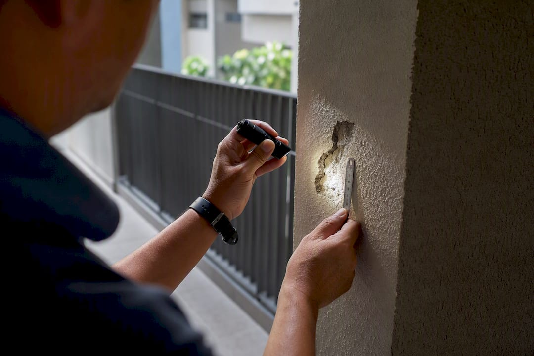 Inspector examining concrete surface defect