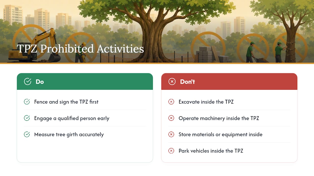 Six activities prohibited inside tree protection zones