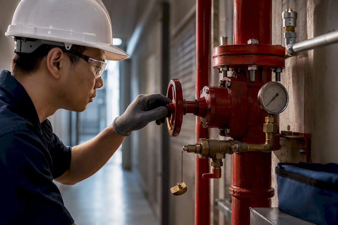 Cut SCDF Delays: Clause 6.4 and SS CP 52 Sprinkler Checklist for Singapore Technician checking sprinkler isolation valve