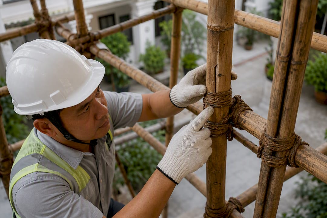 Inspector checking bamboo scaffold damage