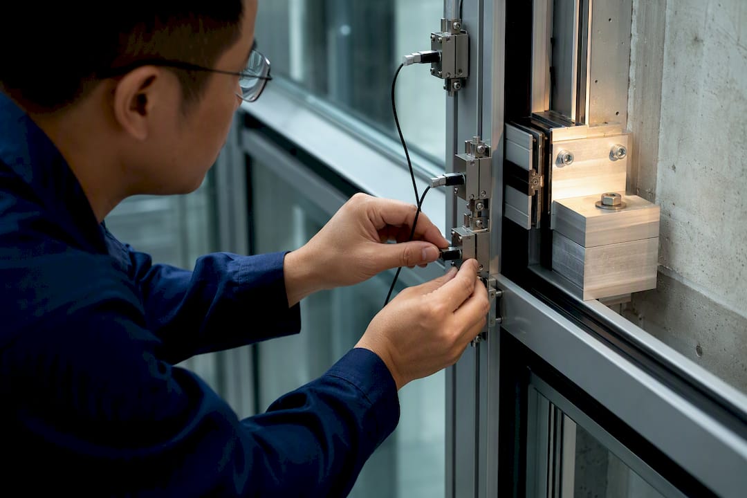 5 Core Curtain Wall Tests Singapore Projects Must Pass Technician attaching sensors to curtain wall specimen