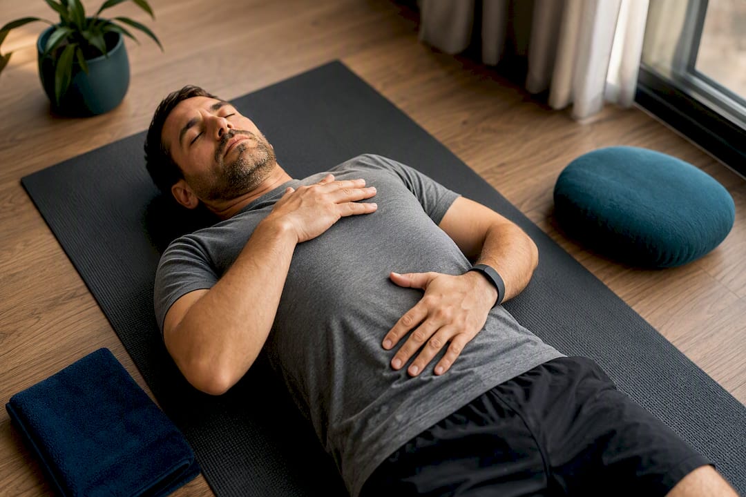 Adult practicing diaphragmatic breathing on mat