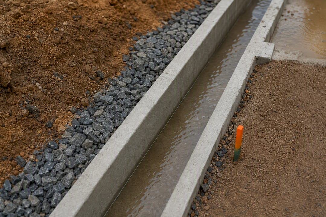 Concrete-lined cut-off drain beside earthworks