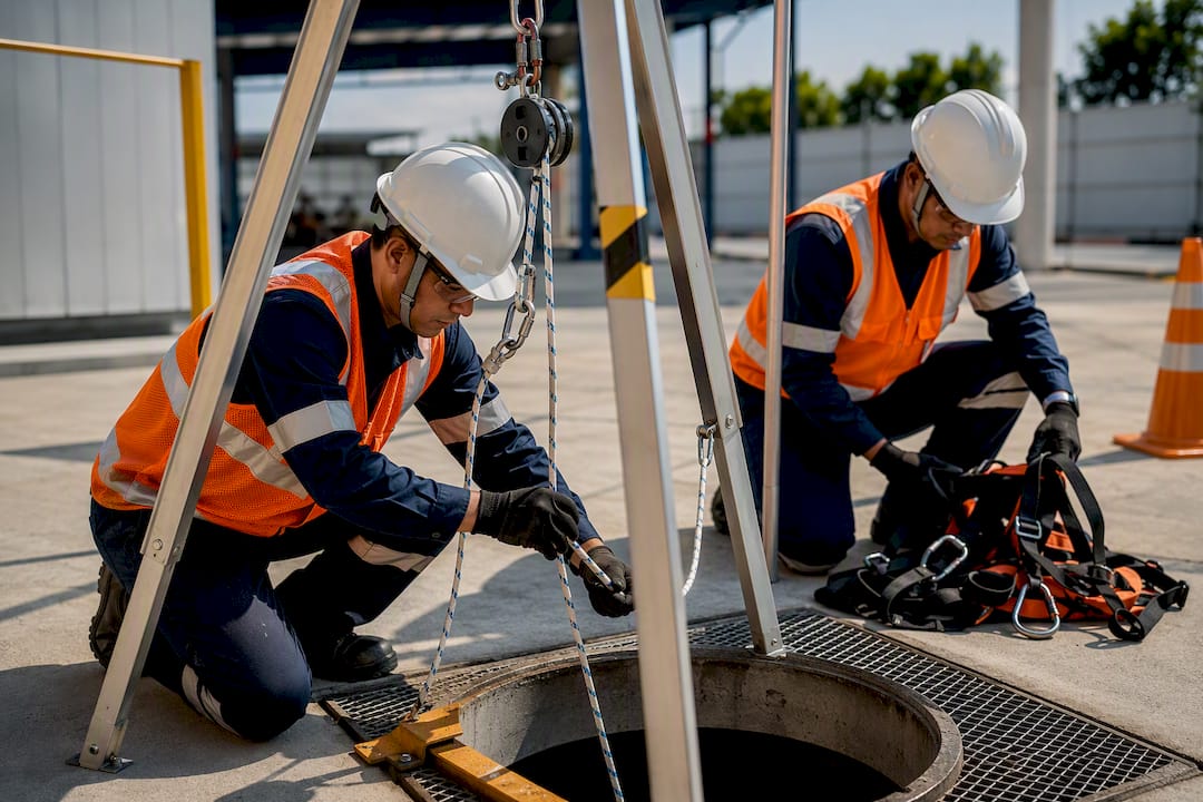 Team deploying confined-space rescue equipment