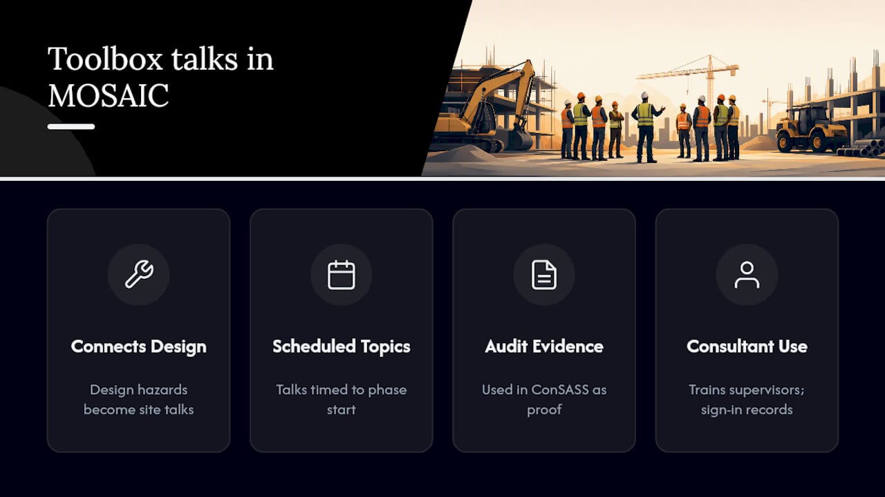 How MOSAIC Applies Toolbox Talks Across Certification Work — overview diagram