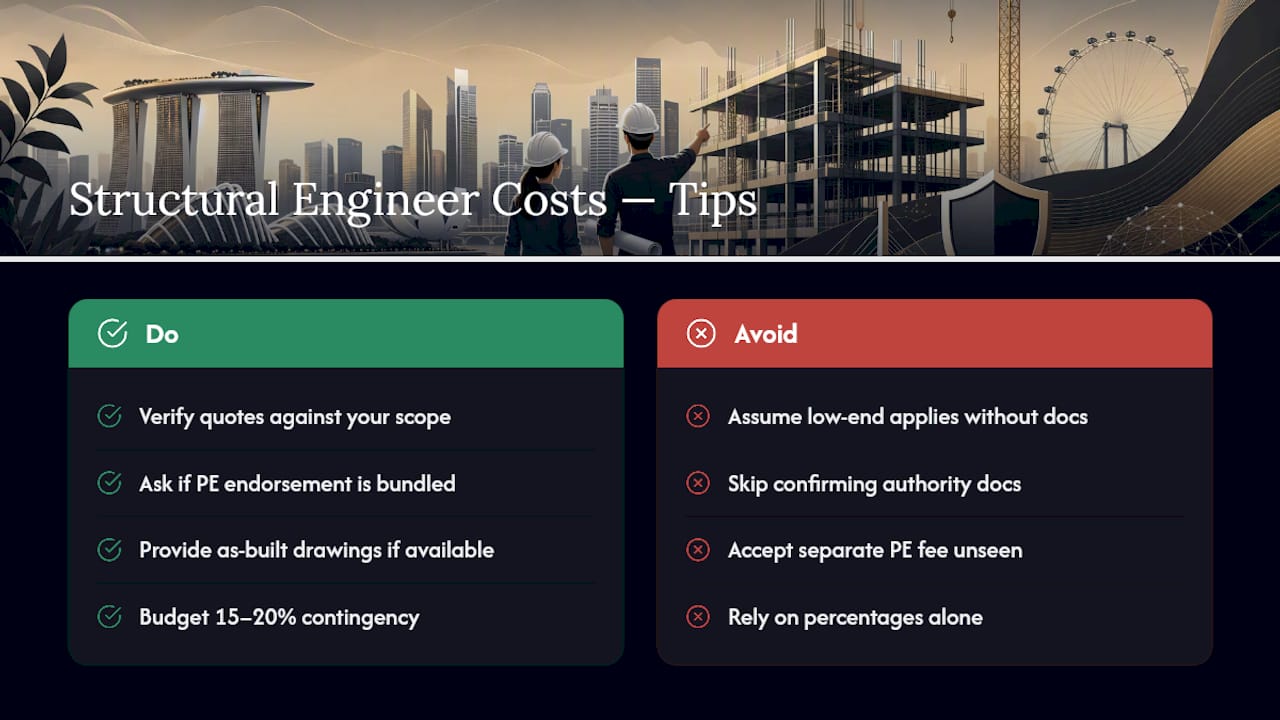 Singapore: Structural Engineer Cost, Budget With a 15–20% Contingency What Do Structural Engineer Services Typically Cost in Singapore? — overview diagram