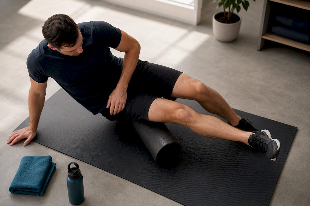 Runner foam rolling outer thigh carefully