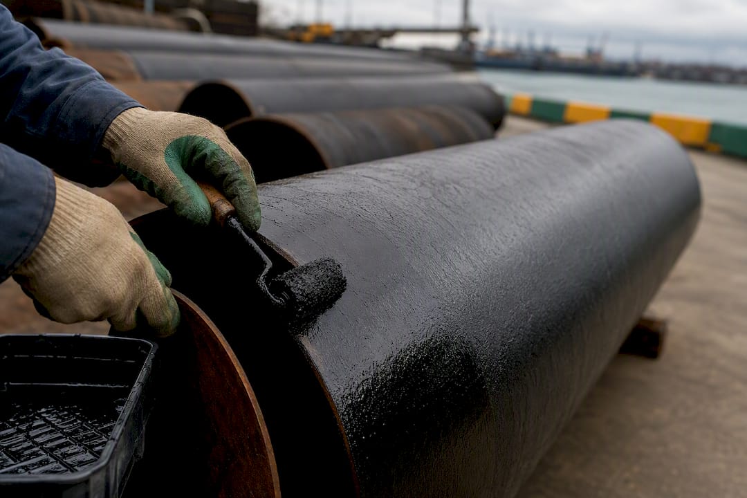Worker coating steel pipe pile surface