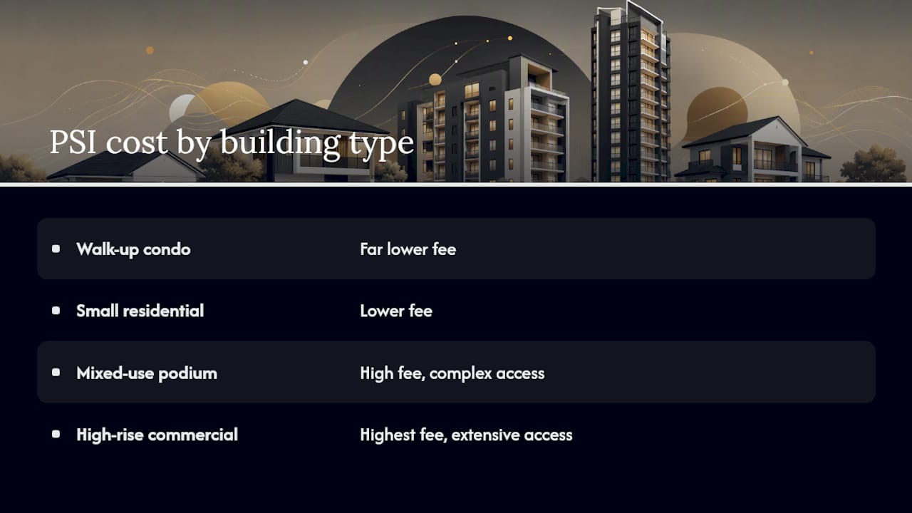 Plan for 15–20% Contingency: PSI Costs for Singapore Owners What Does PSI Cost Look Like Across Building Types? — overview diagram