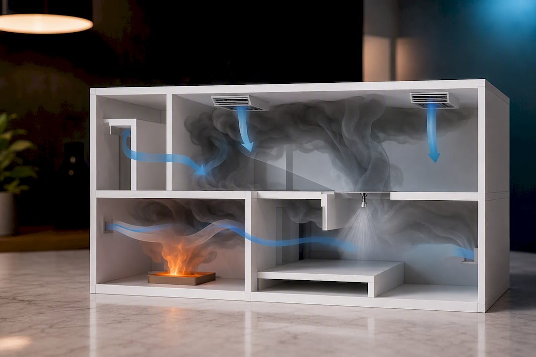 Isometric fire smoke CFD analysis illustration