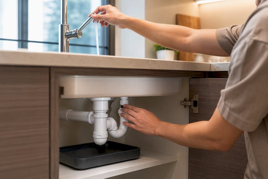 Checking kitchen tap and sink plumbing