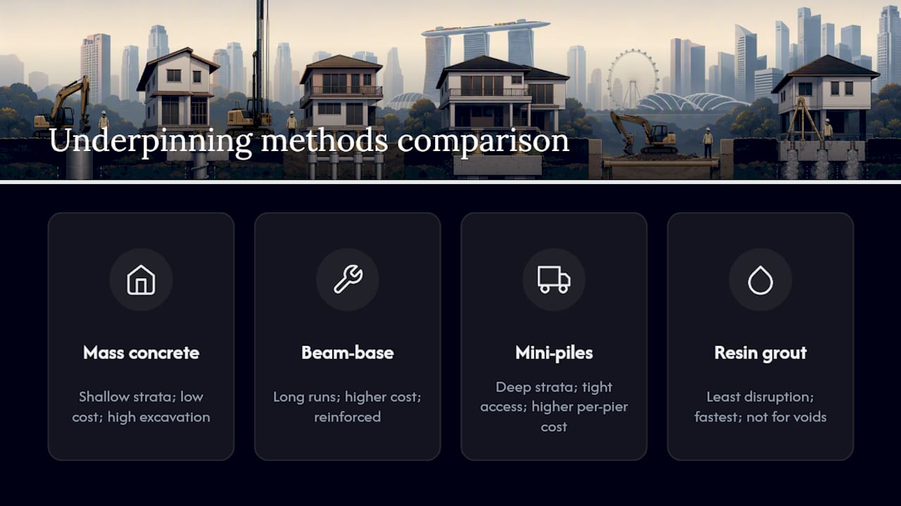Budget Underpinning Costs in Singapore: Plan 15–20% Contingency Comparison of four underpinning methods