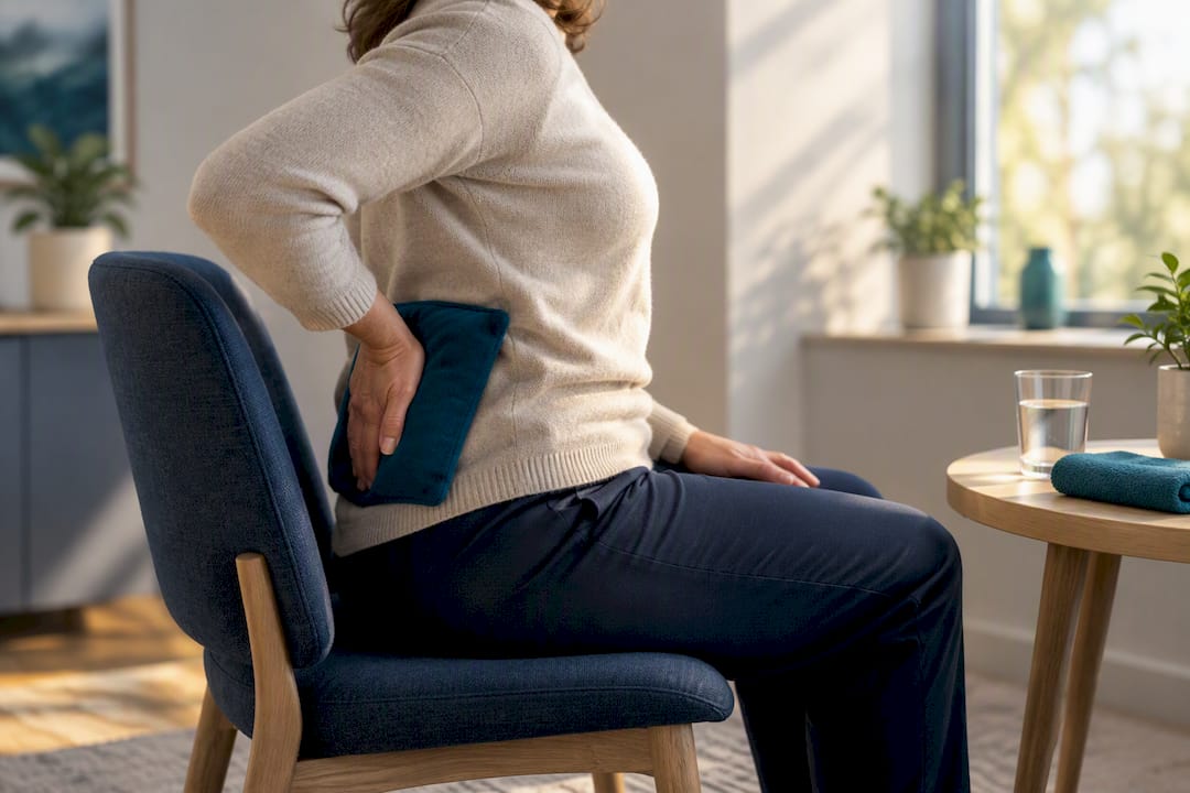 Person applying heat pack to lower back