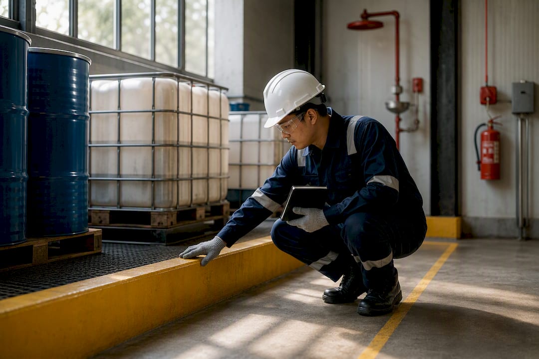 Engineer inspecting chemical storage bunding